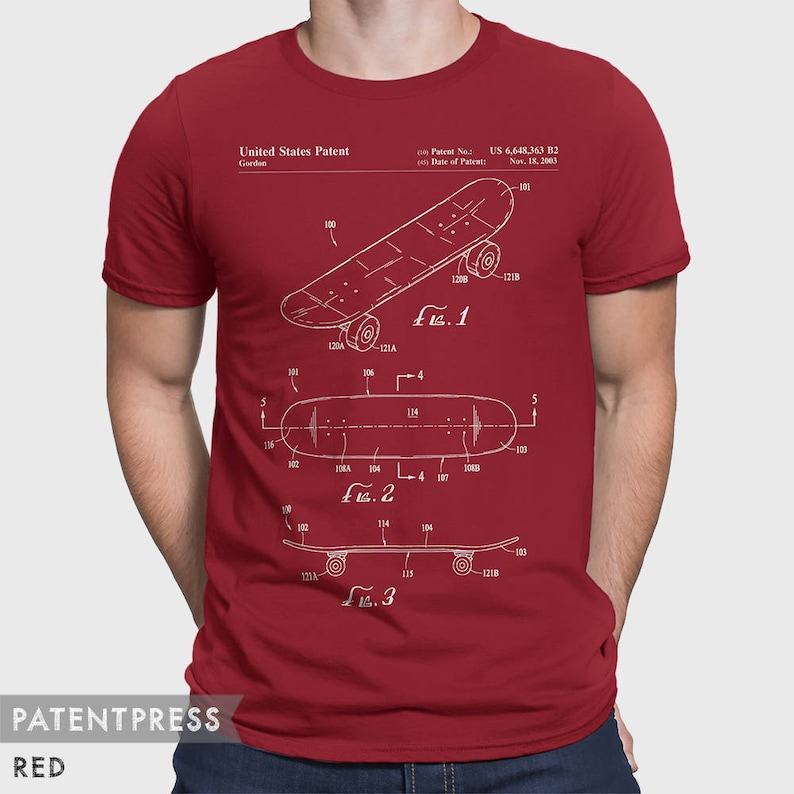 May include: A red t-shirt with a white graphic of a skateboard patent design. The patent number is US 6,648,363 B2 and the date of the patent is Nov. 18, 2003. The text "United States Patent" and "Gordan" are also included in the graphic.