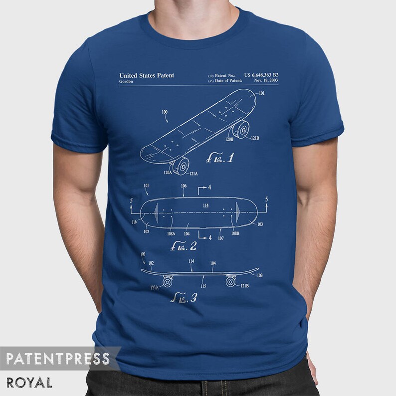May include: A royal blue t-shirt with a white print of a skateboard patent design. The patent number is US 6,648,363 B2 and the date of the patent is Nov. 18, 2003. The text "United States Patent" and "Gordon" are also printed on the shirt.