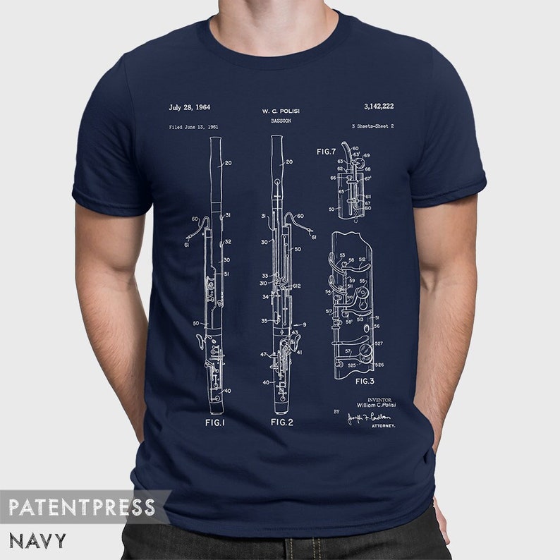 Bassoon T-Shirt Gift For Bassoonist, Bassoon Woodwind Orchestra Musician, Bassoon Teacher, Music Teacher, Patent T-Shirt P232 image 1