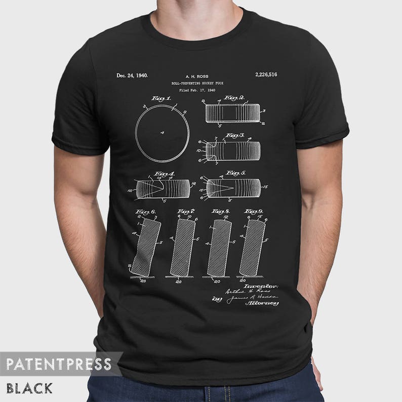 May include: A black t-shirt with a white print of a patent for a "Ball-Preventing Hockey Puck" by A.H. Ross, filed February 17, 1940. The patent number is 2,226,516. The patent drawing shows different views of the puck.