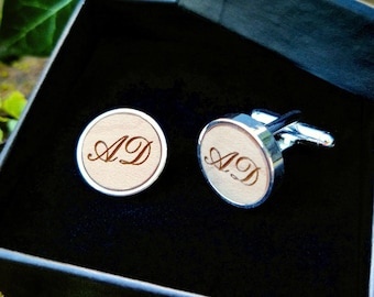 Custom Cufflinks - Steel or Silver Plated Wood - Initials - Text - personalized Wedding groom best man