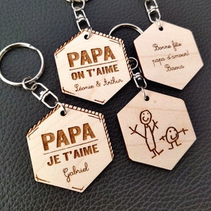 Porte-clés personnalisé en bois Hexagonal - Papa Je t'aime - prénom texte  ou dessin - Cadeau Fête des Pères