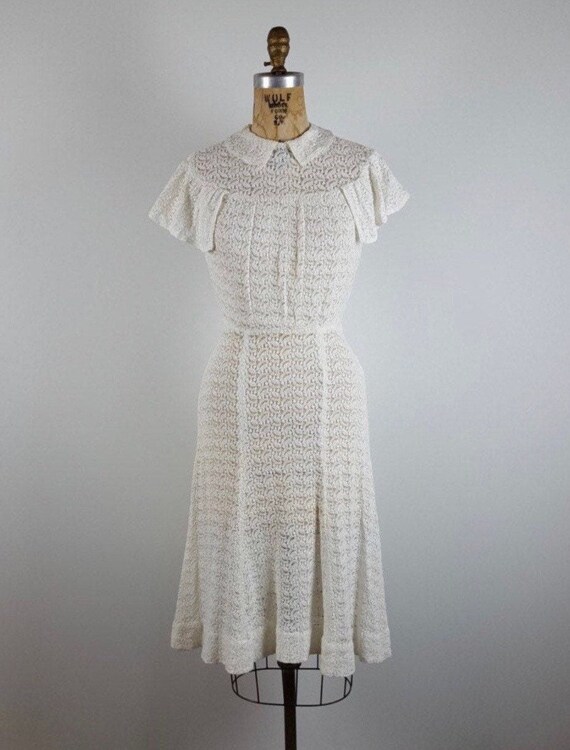 30s white pintucked cotton dress with lace panels