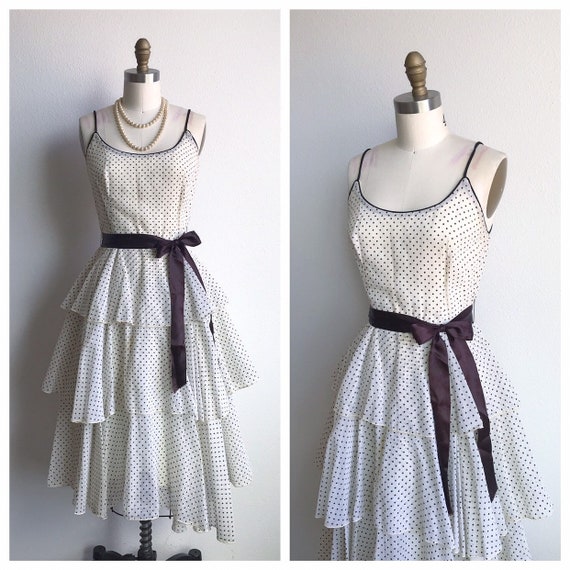 Vintage 1970’s Polka Dot Ruffle Dress | Black & Wh