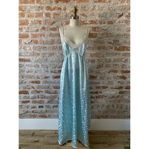 Vintage 1980s 80s Designer Christian Dior Blue Teal Lace Polka Dot Satin Slip Nightgown | Slip Dress | Something Blue | Wedding Gift | M-L
