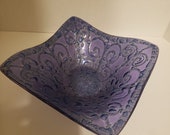 Higgins Glass Bowl Square Dish Blue Purple Signed in Gold