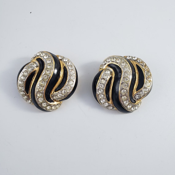 Vintage ESSEX Swirl Clip-on Earrings Black Enamel… - image 2