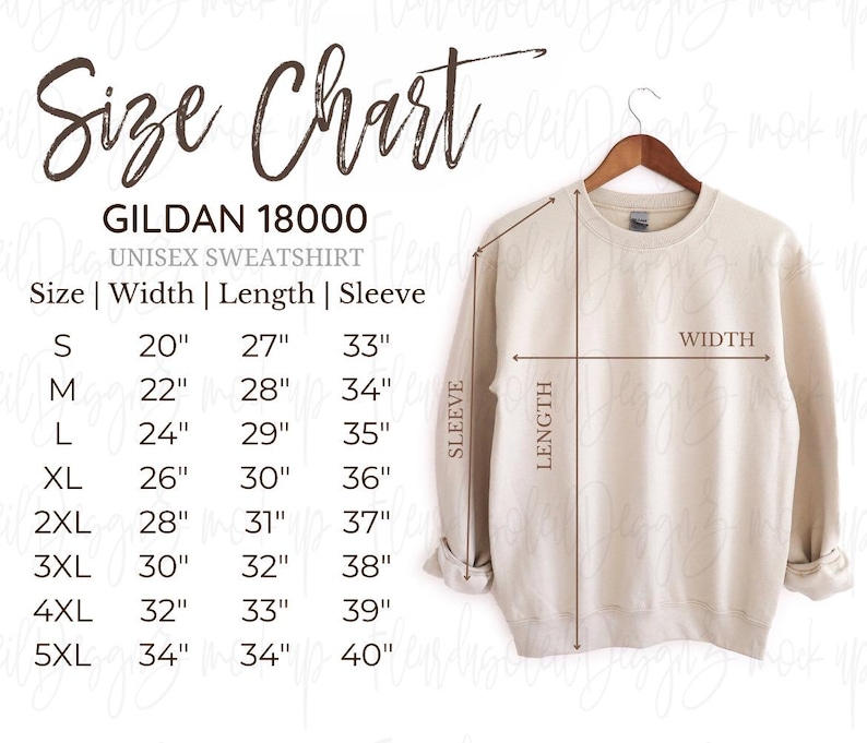 May include: A beige Gildan 18000 unisex sweatshirt displayed on a wooden hanger. The image includes a size chart with measurements in inches for sizes S through 5XL, detailing width, length, and sleeve dimensions.