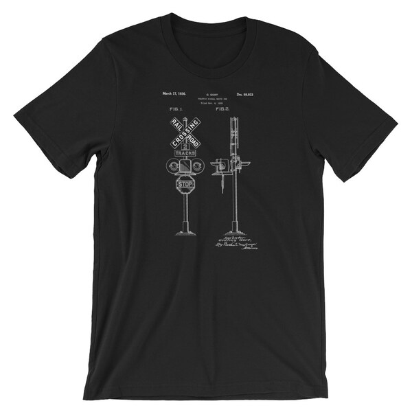 Railroad Crossing Patent T-Shirt. Train Shirt, Railroad Shirt, Locomotive Gift Available on Black Red White or Gray Premium Cotton Tee.