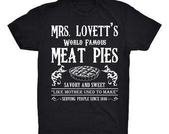 Mrs. Lovett's World Famous Meat Pies T-Shirt on Black or Gray - 100% Soft Premium Cotton T-Shirt - Soft And Comfy Tee