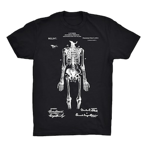 Skeleton Patent T-Shirt On Black, Red, White or Gray - 100% Soft Premium Cotton T-Shirt - Soft and Comfy Tee