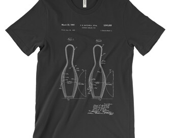 May include: A black t-shirt with a white print of a bowling pin patent design. The patent number is 3,241,835 and the date is March 22, 1965. The text "F. E. Batchelor et al.  Bowling Pin" is also included in the print.