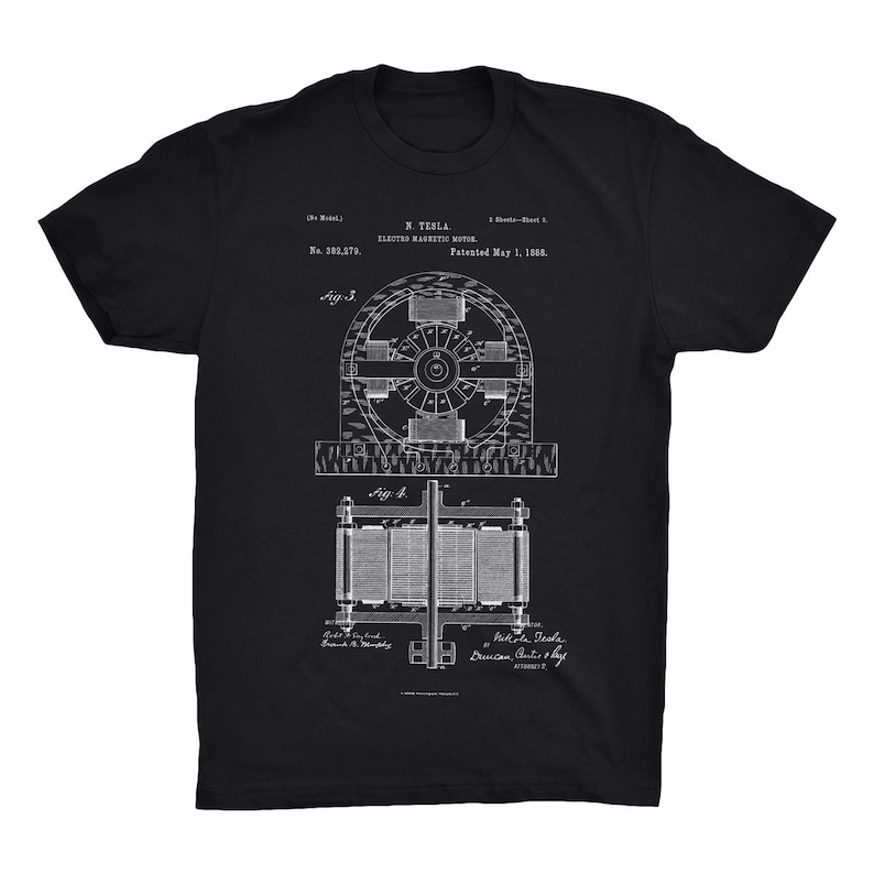 Electro Motor Patent T-Shirt. Nikola Tesla Patent Shirt. Tesla Invention Tee. Electric Motor. Soft Cotton Tee, Comfy. Tesla Blueprint Shirt. image 1