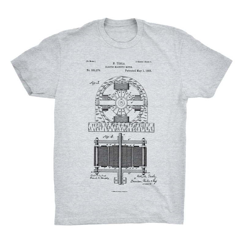 Electro Motor Patent T-Shirt. Nikola Tesla Patent Shirt. Tesla Invention Tee. Electric Motor. Soft Cotton Tee, Comfy. Tesla Blueprint Shirt. image 4