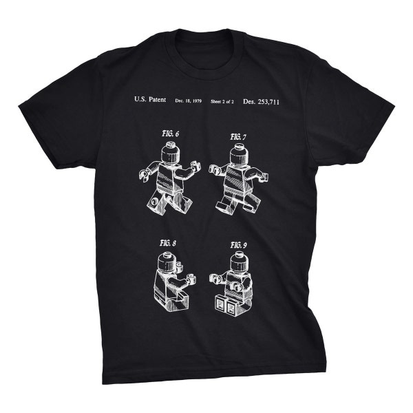 T-shirt verni Lego Man. Brevet Lego. Plan Lego. T-shirt en coton doux filé, tailles S-3X. Disponible en noir, blanc, rouge ou gris.