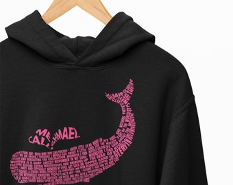 Moby Dick pullover hoodie on black or sand. Comfy & soft 50/50 hooded sweatshirt. Melville's great white whale literary novel.