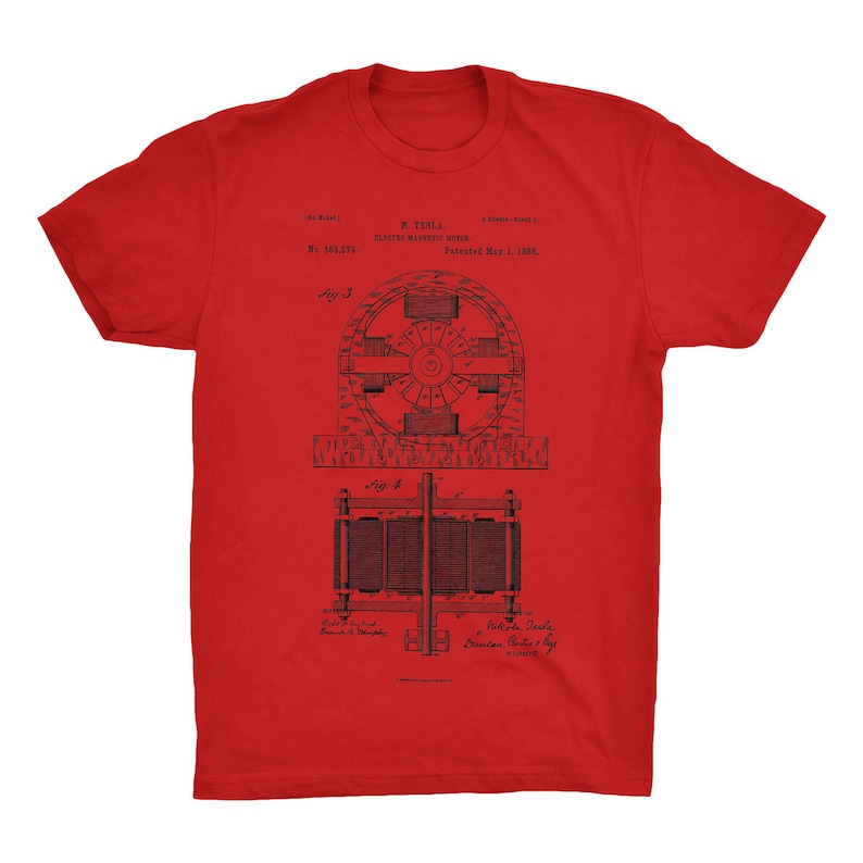 Electro Motor Patent T-Shirt. Nikola Tesla Patent Shirt. Tesla Invention Tee. Electric Motor. Soft Cotton Tee, Comfy. Tesla Blueprint Shirt. image 2
