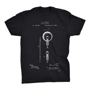 Light Bulb Patent T-Shirt. Edison Light Bulb Patent. Edison Patent. Edison Blueprint. Available on Black, White, Red, or Gray Shirt.
