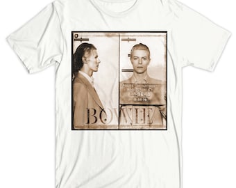 David Bowie T-Shirt. Bowie mugshot Rochester N.Y. 1975. Music T-shirt. Graphic Tee. Gift idea. Gift for him. Gift for her. Cotton Soft Tee.