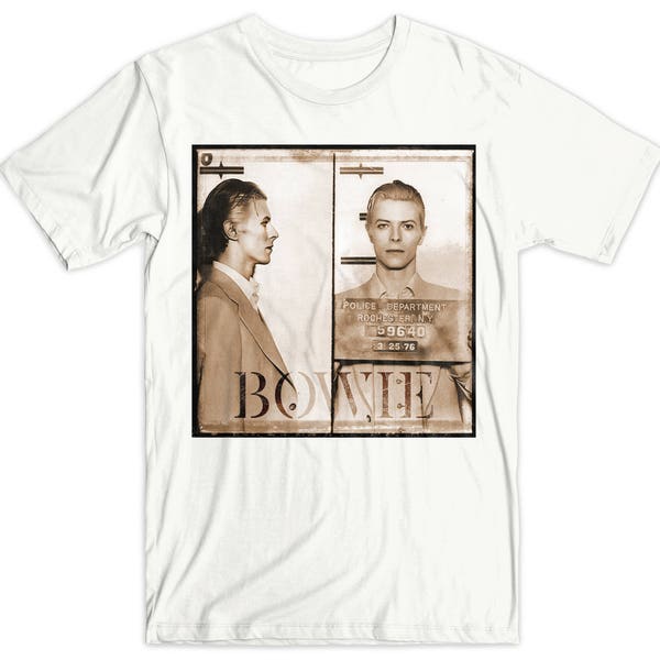 David Bowie T-Shirt. Bowie mugshot Rochester N.Y. 1975. Music T-shirt. Graphic Tee. Gift idea. Gift for him. Gift for her. Cotton Soft Tee.