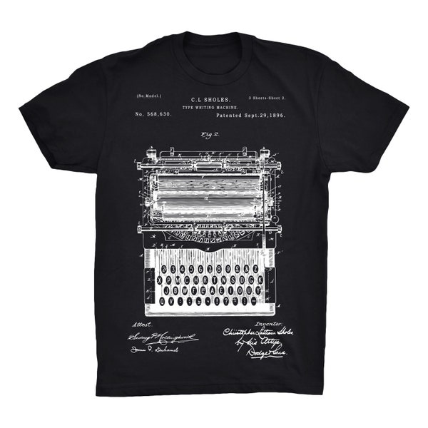 Typewriter Patent T-Shirt On Black, Red, White or Gray - 100% Soft Premium Cotton T-Shirt - Soft and Comfy Tee - Fun Gift For Writers