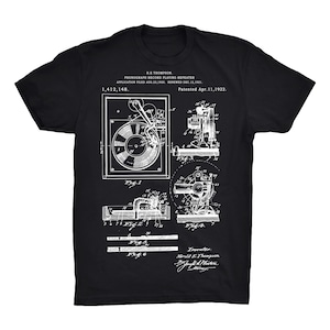 Record Player Patent T-Shirt On Black, Red, White or Gray - 100% Soft Premium Cotton T-Shirt - Soft and Comfy Tee