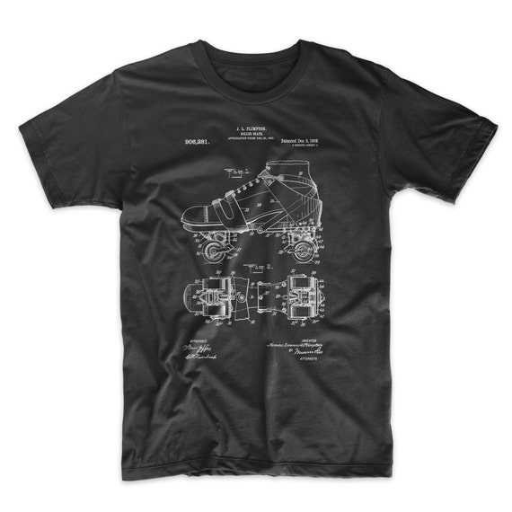 Roller Skate Patent T-Shirt 1908. Roller Derby Tee. Patent Print Ringspun Cotton Shirt. Unisex. Sizes S-3X. Black, Red, White, or Gray.