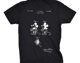 Mickey Mouse Patent T-Shirt. Disney Patent T-Shirt. Mickey Mouse Blueprint Tee. Available on Black, White, Red, or Gray Soft Cotton Shirt.