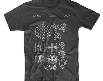 Rubik's Cube Patent T-Shirt. Patent Art. Rubik's Cube Shirt. Soft Cotton Tee. Blueprint. Schematic. Fun Gift. On Black, White, Red, or Gray