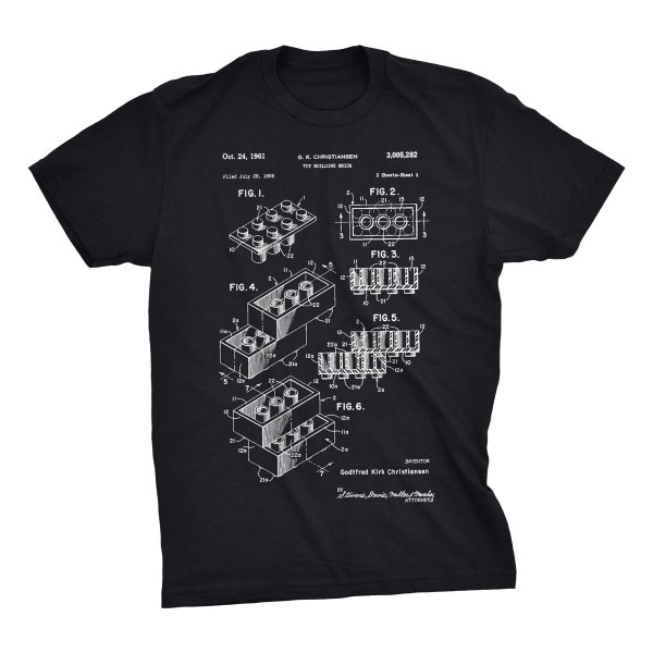 T-shirt Lego Brick verni. Brevet Lego. Plan Lego. T-shirt en coton doux filé, tailles S-3X. Disponible en noir, blanc, rouge ou gris.