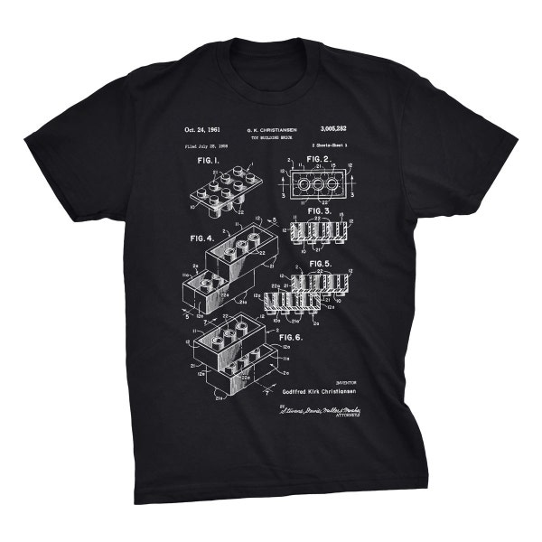 Lego Brick Patent T-Shirt. Lego Patent. Lego Blueprint. Soft Ringspun Cotton Tee Sizes S-3X. Available in Black, White, Red, or Gray.