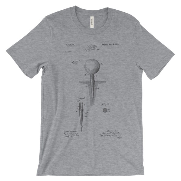 Golf Tee Patent T-Shirt. Golf Shirt Clothing Tee, Golf Gift , Golfer Gift,  Golf Gifts for Men, Unisex Soft Cotton. Black White Red or Gray.