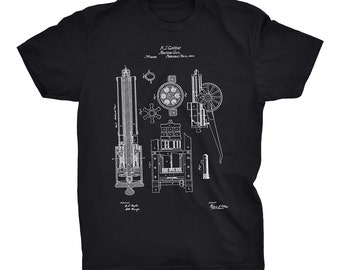 Machine Gun Patent T-Shirt. Gatling Gun Blueprint Tee. Printed on Soft Cotton Tee, Comfy. Available on Black, White Red, or Gray Shirt