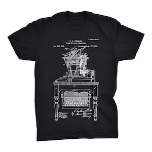 Typewriter Patent T-Shirt. Writer Gift. Qwerty Patent Tee. Ringspun Cotton Tee. Unisex. Sizes S-3X. Available in Black, White, Gray, or Red.