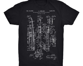 Clarinet Patent T-Shirt On Black, Red, White or Gray - 100% Soft Premium Cotton T-Shirt - Soft and Comfy Tee