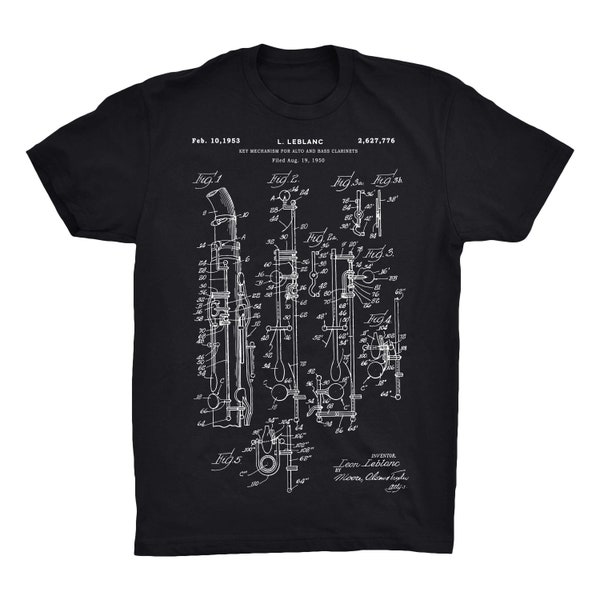 Clarinet Patent T-Shirt On Black, Red, White or Gray - 100% Soft Premium Cotton T-Shirt - Soft and Comfy Tee