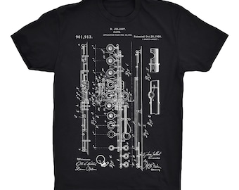 Flute Patent T-Shirt On Black, Red, White or Gray - 100% Soft Premium Cotton T-Shirt - Soft and Comfy Tee