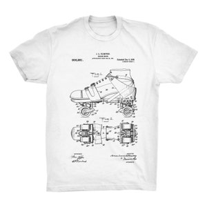 K&ouml;nnte beinhalten: Schwarz-wei&szlig;-Linienzeichnung eines Rollschuhpatents. Die Patentnummer lautet 906.981. Das Patent wurde am 8. Dezember 1908 von J.L. Plumptire f&uuml;r einen Rollschuh angemeldet.