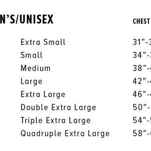 K&ouml;nnte beinhalten: Gr&ouml;&szlig;entabelle f&uuml;r Herren- und Unisex-Kleidung mit Brustumfang in Zoll. Die Gr&ouml;&szlig;en umfassen XS, S, M, L, XL, 2XL, 3XL und 4XL.