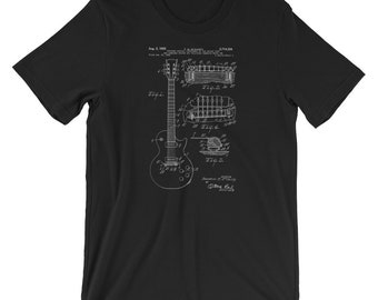 Camiseta de patente de guitarra eléctrica. Regalo para guitarristas. Camiseta con diseño de guitarra. Disponible en negro, rojo, blanco o gris.