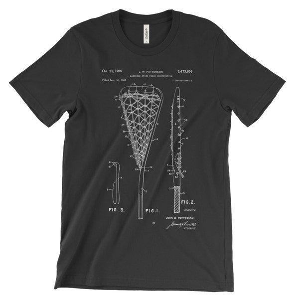 Lacrosse Patent T-Shirt Unisex Soft Cotton. Lacrosse Shirt Clothing. Lacrosse Stick Lacrosse Gift. Soft Cotton in Black White Red or Gray