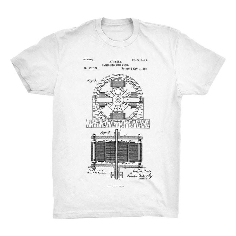 Electro Motor Patent T-Shirt. Nikola Tesla Patent Shirt. Tesla Invention Tee. Electric Motor. Soft Cotton Tee, Comfy. Tesla Blueprint Shirt. image 3