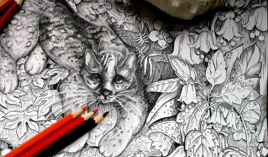 Download Well Spotted. Adult coloring page with a wild cat and tropical | Etsy