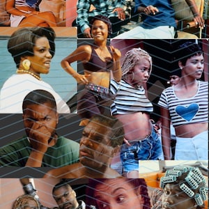 May include: A collage of film stills featuring various individuals in casual clothing, including striped crop tops with heart motifs, plaid button-down shirts, solid t-shirts, and denim shorts. One person wears blue hair rollers, and text reads I'mma remember that.