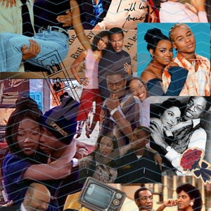 May include: A collage of various photographs featuring Black couples and families from 1990s television shows, including scenes of affection, a vintage television set, and a small rose illustration with the handwritten text I will love you forever.