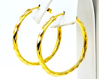 Beautiful 22k Yellow Gold Hoop Earrings 1 inch Diameter Diamond Cut 100% Genuine