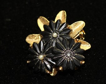 Broche Fleur En Cuir Faite à Main - Couleur Or Et Noir - Marque EKcrea - Neuf Sans Emballage