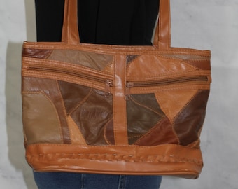 Brown Leather Patch Shoulder Handbag