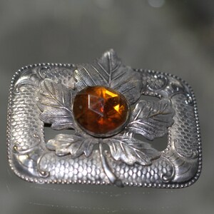 May include: A silver brooch with an amber-colored glass stone set in the center of a stylized leaf design.