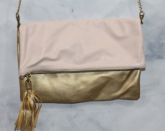Pink & Gold Reversible Shoulder Bag With Gold Zipper
